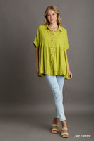 Umgee Linen Blend Collared Button Up Tiered Top in Lime Green