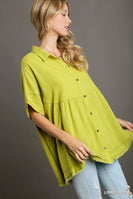 Umgee Linen Blend Collared Button Up Tiered Top in Lime Green