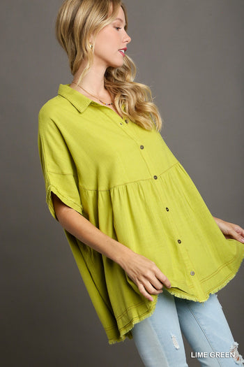 Umgee Linen Blend Collared Button Up Tiered Top in Lime Green