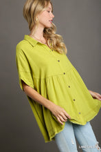 Load image into Gallery viewer, Umgee Linen Blend Collared Button Up Tiered Top in Lime Green

