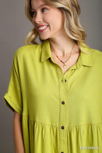 Umgee Linen Blend Collared Button Up Tiered Top in Lime Green