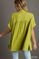 Umgee Linen Blend Collared Button Up Tiered Top in Lime Green