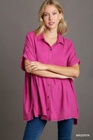 Umgee Linen Blend Collared Button Up Tiered Top in Magenta