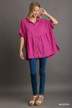 Load image into Gallery viewer, Umgee Linen Blend Collared Button Up Tiered Top in Magenta
