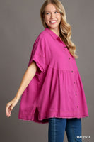 Umgee Linen Blend Collared Button Up Tiered Top in Magenta