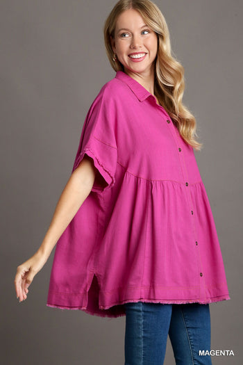 Umgee Linen Blend Collared Button Up Tiered Top in Magenta