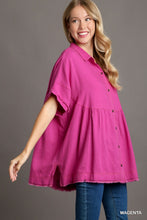 Load image into Gallery viewer, Umgee Linen Blend Collared Button Up Tiered Top in Magenta
