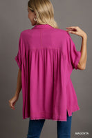 Umgee Linen Blend Collared Button Up Tiered Top in Magenta