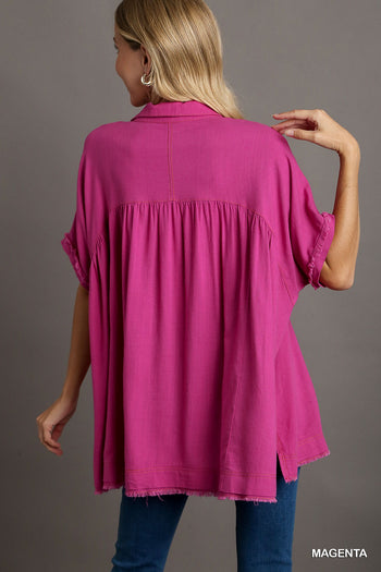 Umgee Linen Blend Collared Button Up Tiered Top in Magenta