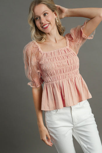 Umgee Woven Fabric 3D Floral Lace Top & Smocking Chest Detail in Blush