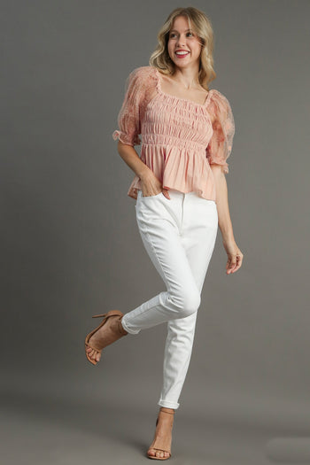 Umgee Woven Fabric 3D Floral Lace Top & Smocking Chest Detail in Blush