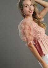 Load image into Gallery viewer, Umgee Woven Fabric 3D Floral Lace Top &amp; Smocking Chest Detail in Blush

