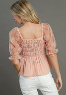 Umgee Woven Fabric 3D Floral Lace Top & Smocking Chest Detail in Blush
