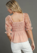 Load image into Gallery viewer, Umgee Woven Fabric 3D Floral Lace Top &amp; Smocking Chest Detail in Blush
