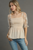 Umgee Woven Fabric 3D Floral Lace Top & Smocking Chest Detail in Cream