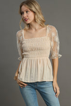 Load image into Gallery viewer, Umgee Woven Fabric 3D Floral Lace Top &amp; Smocking Chest Detail in Cream
