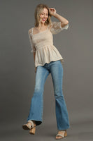 Umgee Woven Fabric 3D Floral Lace Top & Smocking Chest Detail in Cream