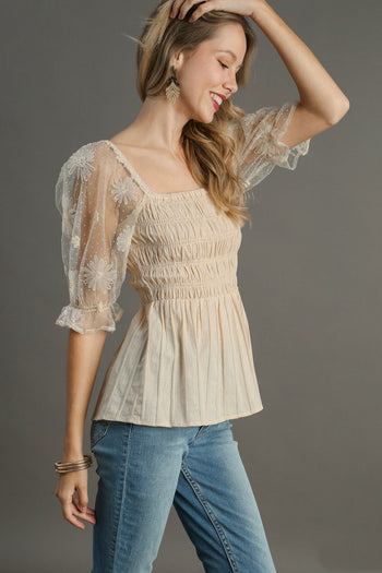 Umgee Woven Fabric 3D Floral Lace Top & Smocking Chest Detail in Cream