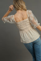 Umgee Woven Fabric 3D Floral Lace Top & Smocking Chest Detail in Cream