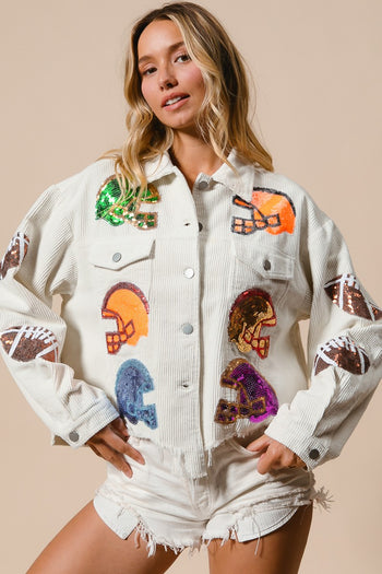 BiBi Corduroy Jacket with Sequin Helmet and Football Patches in Off White