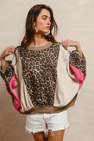 BiBi Oversized Leopard and Mixed Knit Top in Pink/Leopard