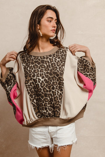 BiBi Oversized Leopard and Mixed Knit Top in Pink/Leopard