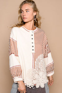 POL OVERSIZED Thermal and Woven Knit Top with Crochet Patch Details in Cream Multi