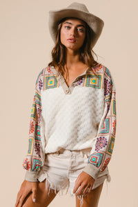 BiBi Mixed Print and Textured Knit Top in Ivory