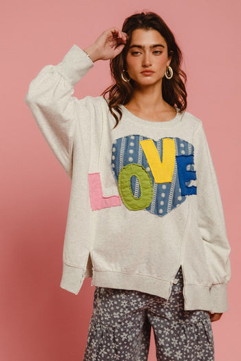 BiBi OVERSIZED French Terry Top with Heart & "LOVE" Letter Patches in Heather Grey