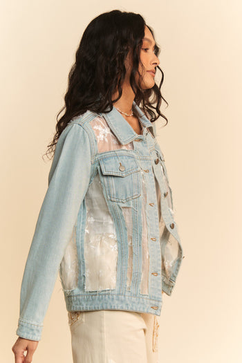 Davi & Dani Denim and Floral Panel Jacket in Light Denim