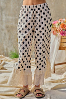 BiBi Linen Blend Polka Dot Printed Ruffle Lace Hem Pants in Cream/Black
