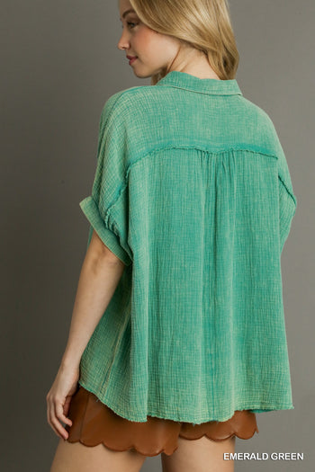 Umgee Gauze Button Down Top in Emerald Green