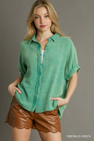 Umgee Gauze Button Down Top in Emerald Green