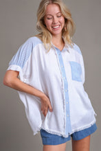 Load image into Gallery viewer, Umgee Linen Button Down Stripped Detail Top with Chest Pocket &amp; Unfinished Hem in Off White
