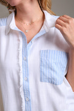 Load image into Gallery viewer, Umgee Linen Button Down Stripped Detail Top with Chest Pocket &amp; Unfinished Hem in Off White
