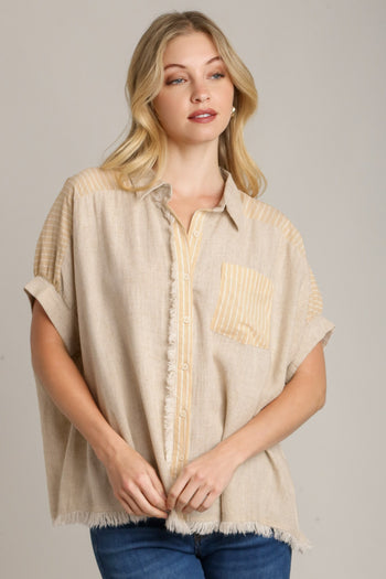Umgee Linen Button Down Stripped Detail Top with Chest Pocket & Unfinished Hem in Oatmeal