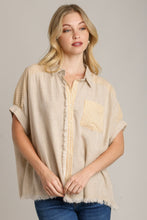 Load image into Gallery viewer, Umgee Linen Button Down Stripped Detail Top with Chest Pocket &amp; Unfinished Hem in Oatmeal
