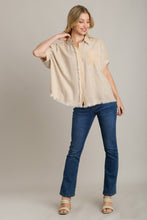 Load image into Gallery viewer, Umgee Linen Button Down Stripped Detail Top with Chest Pocket &amp; Unfinished Hem in Oatmeal
