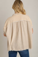 Umgee Linen Button Down Stripped Detail Top with Chest Pocket & Unfinished Hem in Oatmeal