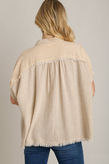 Umgee Linen Button Down Stripped Detail Top with Chest Pocket & Unfinished Hem in Oatmeal