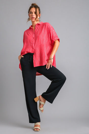 Umgee Textured Fabric High Low Hem Button Down Top in Red