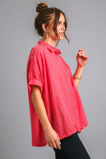 Umgee Textured Fabric High Low Hem Button Down Top in Red