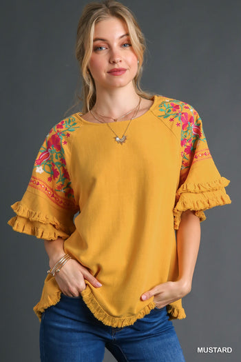Umgee Linen Blend Top with Embroidery in Mustard