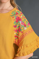 Umgee Linen Blend Top with Embroidery in Mustard