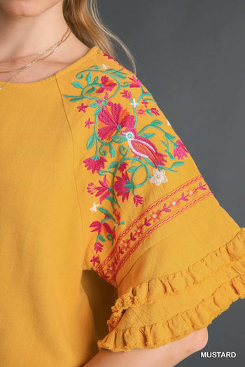 Umgee Linen Blend Top with Embroidery in Mustard