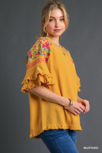 Umgee Linen Blend Top with Embroidery in Mustard
