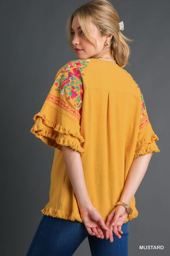 Umgee Linen Blend Top with Embroidery in Mustard