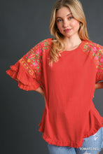 Load image into Gallery viewer, Umgee Linen Blend Top with Embroidery in Tomato Red
