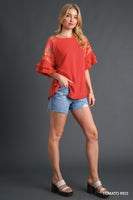 Umgee Linen Blend Top with Embroidery in Tomato Red