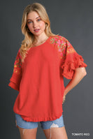 Umgee Linen Blend Top with Embroidery in Tomato Red